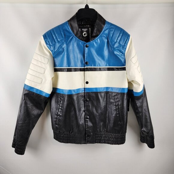 Fried Denim Jacket Mens M Multicolor Faux Leather Moto Biker Snaps NWT - Picture 1 of 9